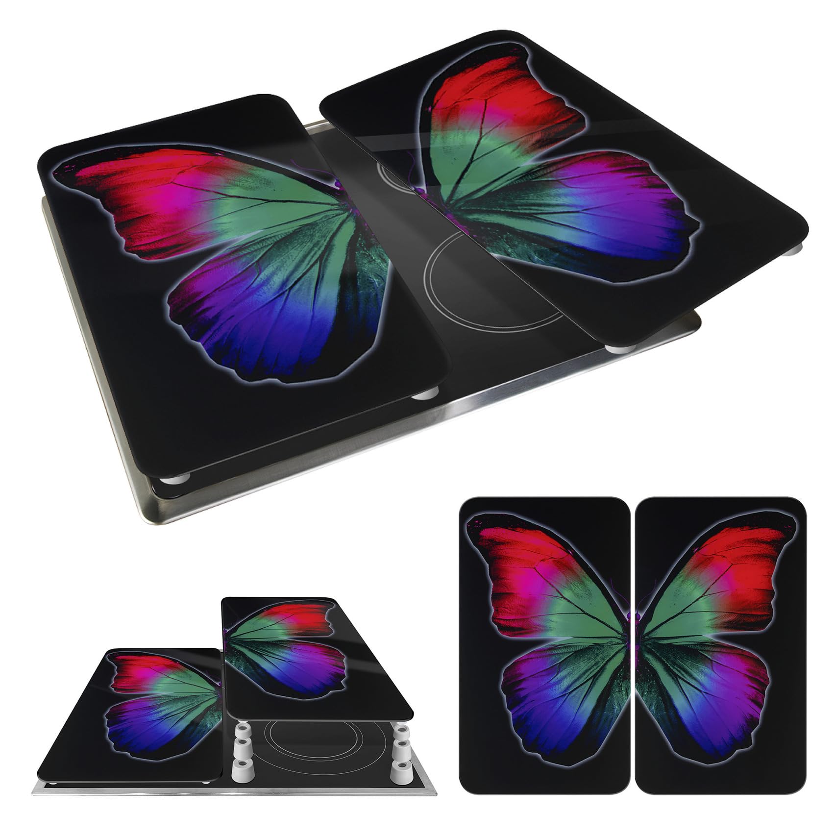 WENKO Placas protectoras para cocina Mod Mariposa nocturna, ajustable en altura para todo tipo de cocinas, tabla de cortar y protector contra salpicaduras, vidrio, 30 x 52 cm, juego de 2
