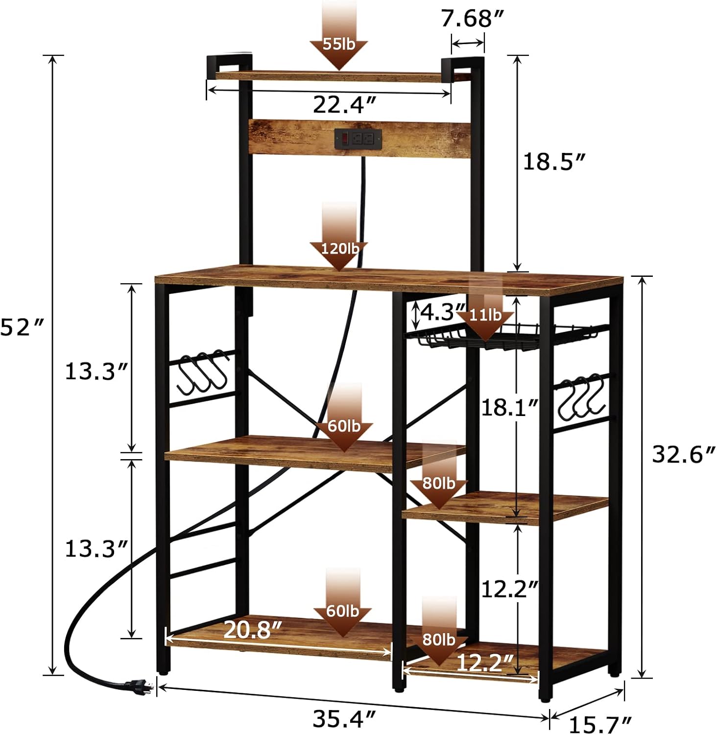 Diagram showing the dimensions and weight capacities of the SUPERJARE Bakers Rack.