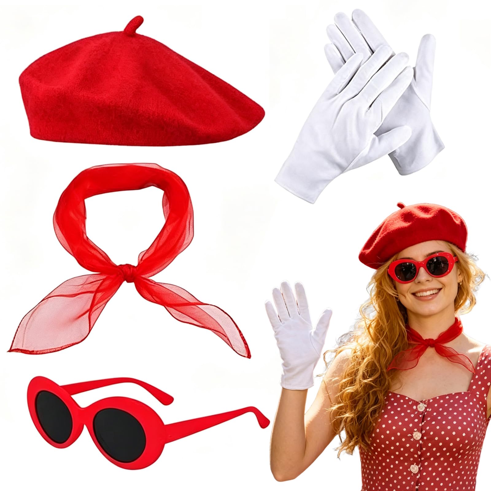 ZPSCXQ 5 PCS SET Artist's Costume, with Red Beret Scarf, Sunglasses and Gloves, for Girls Cosplay Party Supplies School Dress Up, Artist Costume Kids