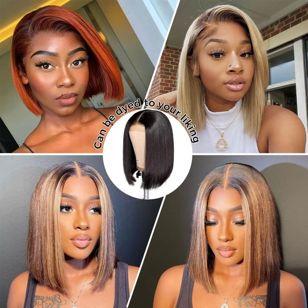 4X4 Bob Human Hair Wig 100% Echthaar Perücke Straight Lace Front Wigs Glueless Wig Human Hair Perücke Damen Echthaar for Black Women 180% Density 10 Zoll (26cm)