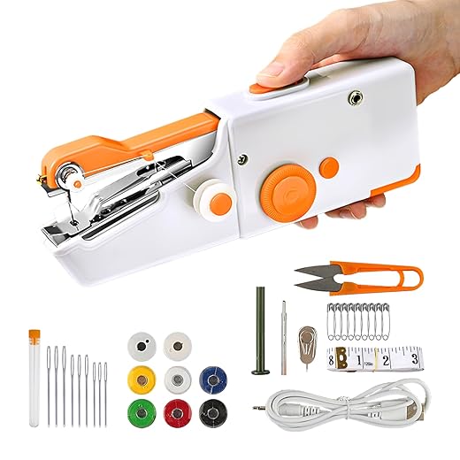 Maelifu Handheld Sewing Machine, Mini Electric Sewing Machine for Quick Stitching 33Pcs, Portable Sewing Machine for Beginners Suitable for Home Travel DIY Pattern Mending Clothes, Blue