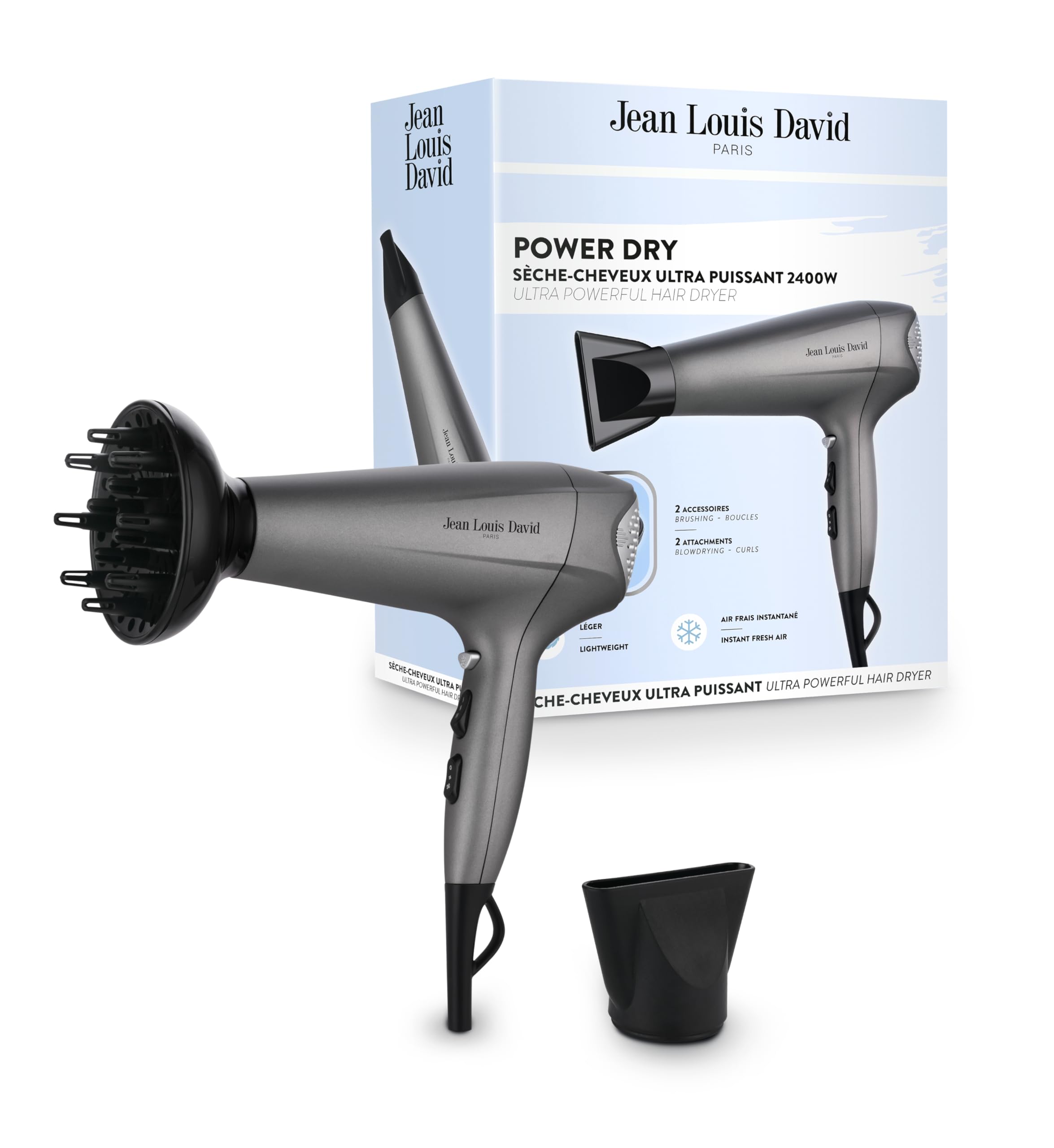 JEAN LOUIS DAVID - POWER DRY Suszarka do włosów - silnik HDTC 2400 W Ultra mocny - Lekki - 2 prędkości - 3 temperatury - koncentrator - dyfuzor - szczotkowanie i pętle