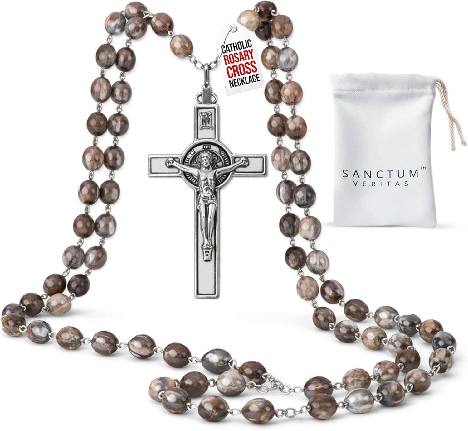 SANCTUM VERITAS Catholic Rosary Necklace | Large Bead Italian Rosary, Christian Prayer Beads for Car Mirror Decor, First Communion Religious Gift for Men and Women, Catholic Keepsake (Gray Seed)