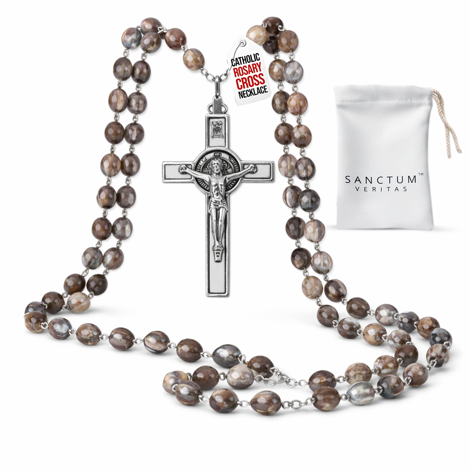 SANCTUM VERITAS Catholic Rosary Necklace | Large Bead Italian Rosary, Christian Prayer Beads for Car Mirror Decor, First Communion Religious Gift for Men and Women, Catholic Keepsake (Gray Seed)