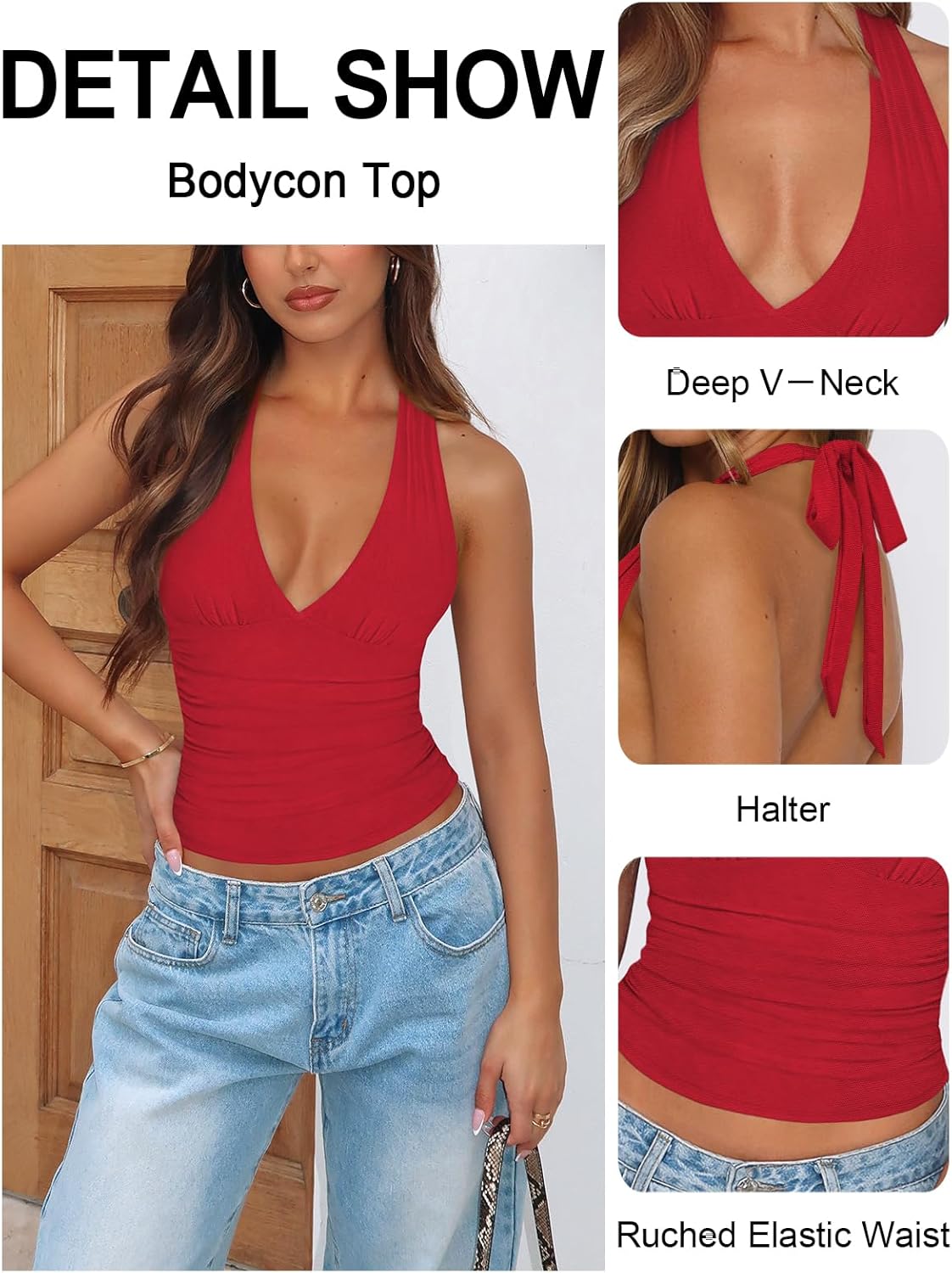 Women's Sexy Halter Tops for Women Summer Deep V Neck Mesh Ruched Tie Strap Backless Going Out Crop Top - Image 3