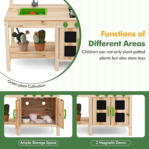 Miniatura 4 de INFANS Cocina de barro, cocina de juego al aire libre con grifo de toldo, estufas, accesorios de cocina, fregadero extraíble, juego de cocina para