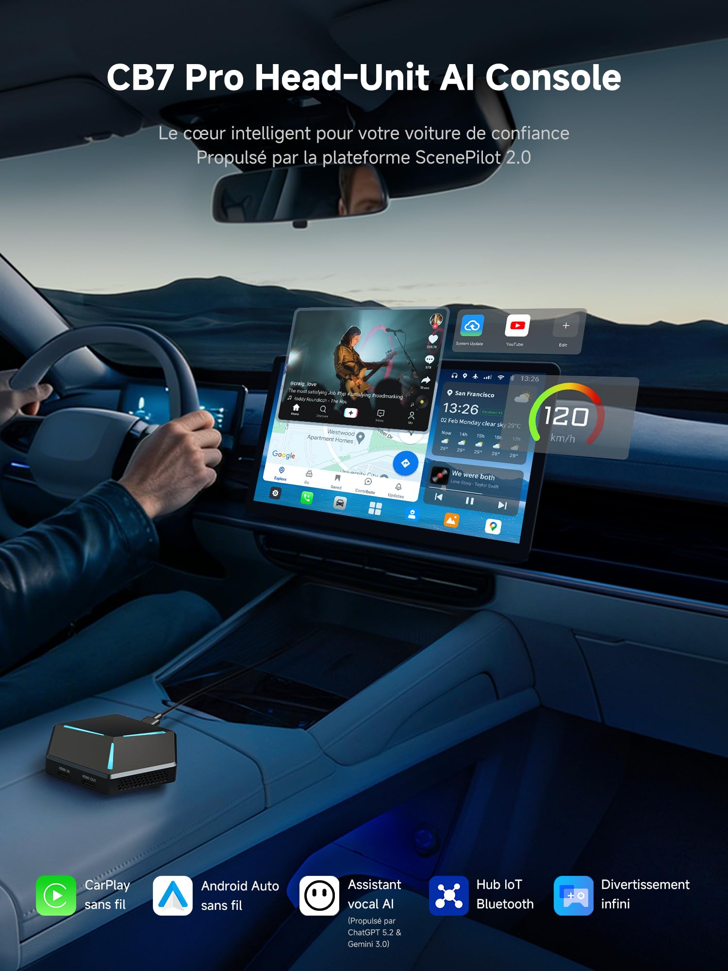 AI Box 8G+128G Android 13 Wireless CarPlay/Android Auto Adapter, HDMI, 4G LTE. Set mit AC-HD21F 1080P DVR Kamera & AC-4450 OBDII Scanner. QCM6125, DriveChat AI, ScenePilot 2.0, CB7PO
