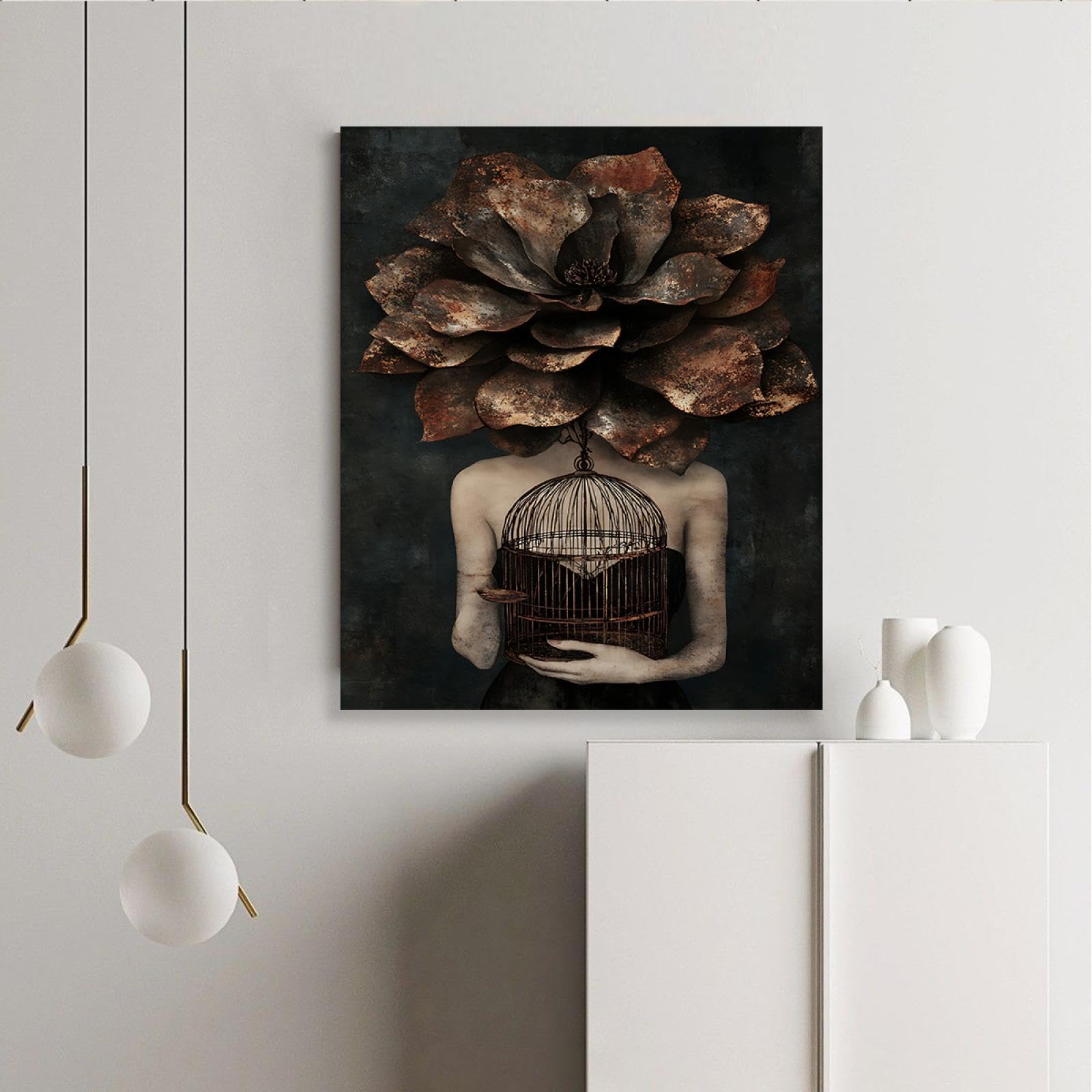 TOANGWALL Piękna elegancka dziewczyna z kwiatami we włosach płótno farby kobieta trzymająca ptak plakat sztuka ścienna do salonu dekoracja domu 50 x 60 cm rama wewnętrzna