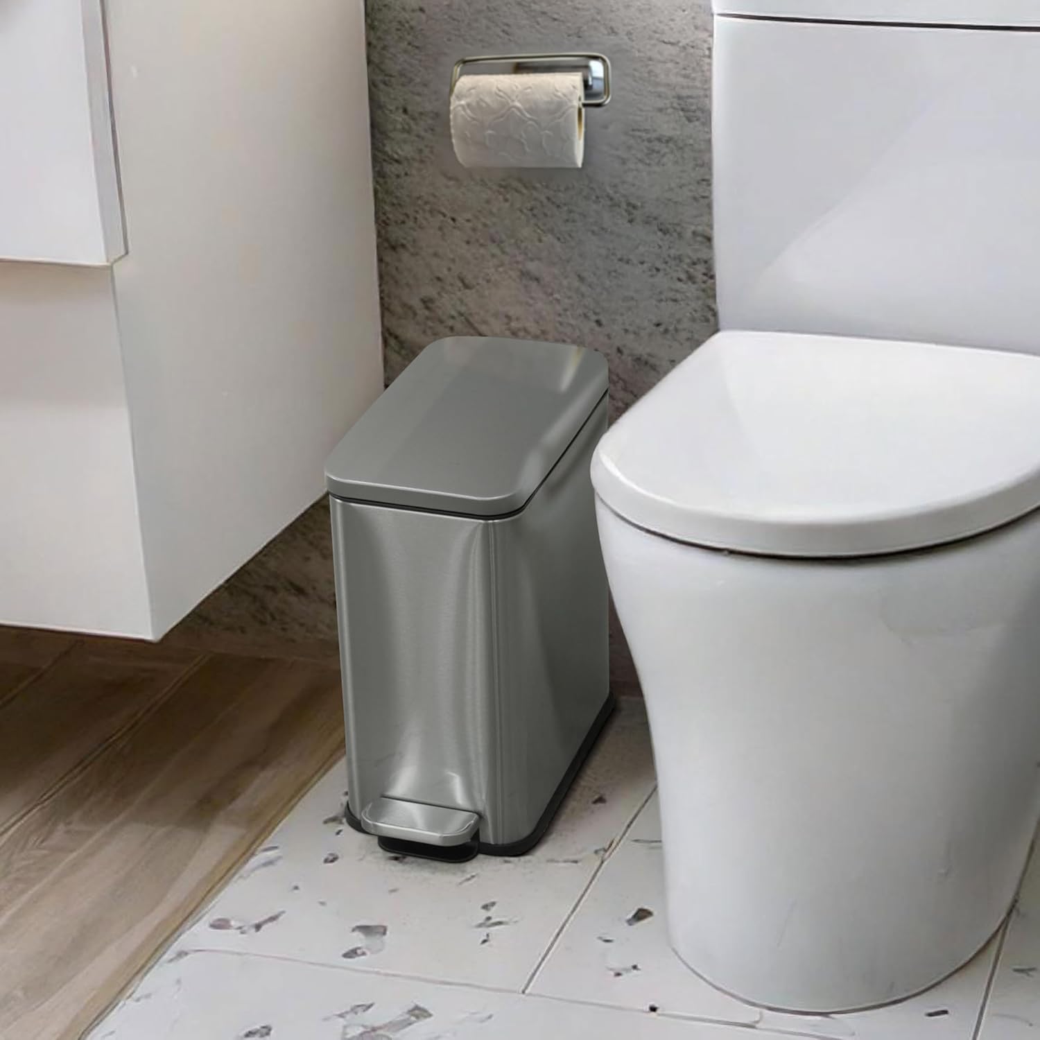 CAPHAUS 2.6 Gallon Slim Bathroom Trash Can with Soft-Close Lid, w/Removable Inner Bucket, 10L Step Pedal Trash Can for Small Space, Bathroom & Bedroom, Small Stainless Steel Garbage Can, Silver