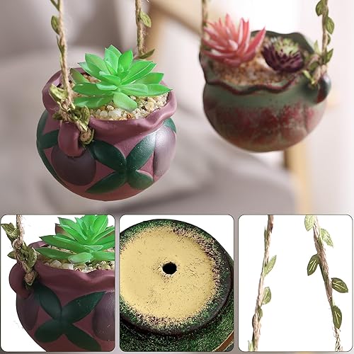 Miniatura 3 de Macetas colgantes de cerámica bohemia de 4 piezas con agujeros de drenaje, adorables macetas para suculentas para interiores y exteriores,