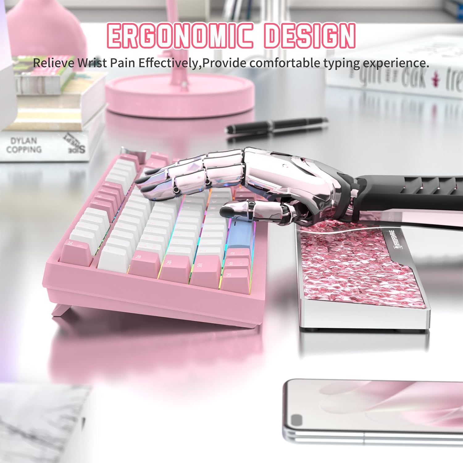 SELORSS x MANBASNAKE 68-key CNC Aluminum Alloy Keyboard Wrist Rest with Partition Storage Case, 2 Acrylic Top Covers, Ergonomic Non-Slip Support for TKL Mechanical Keyboard, Ideal for Office/Home-Pink