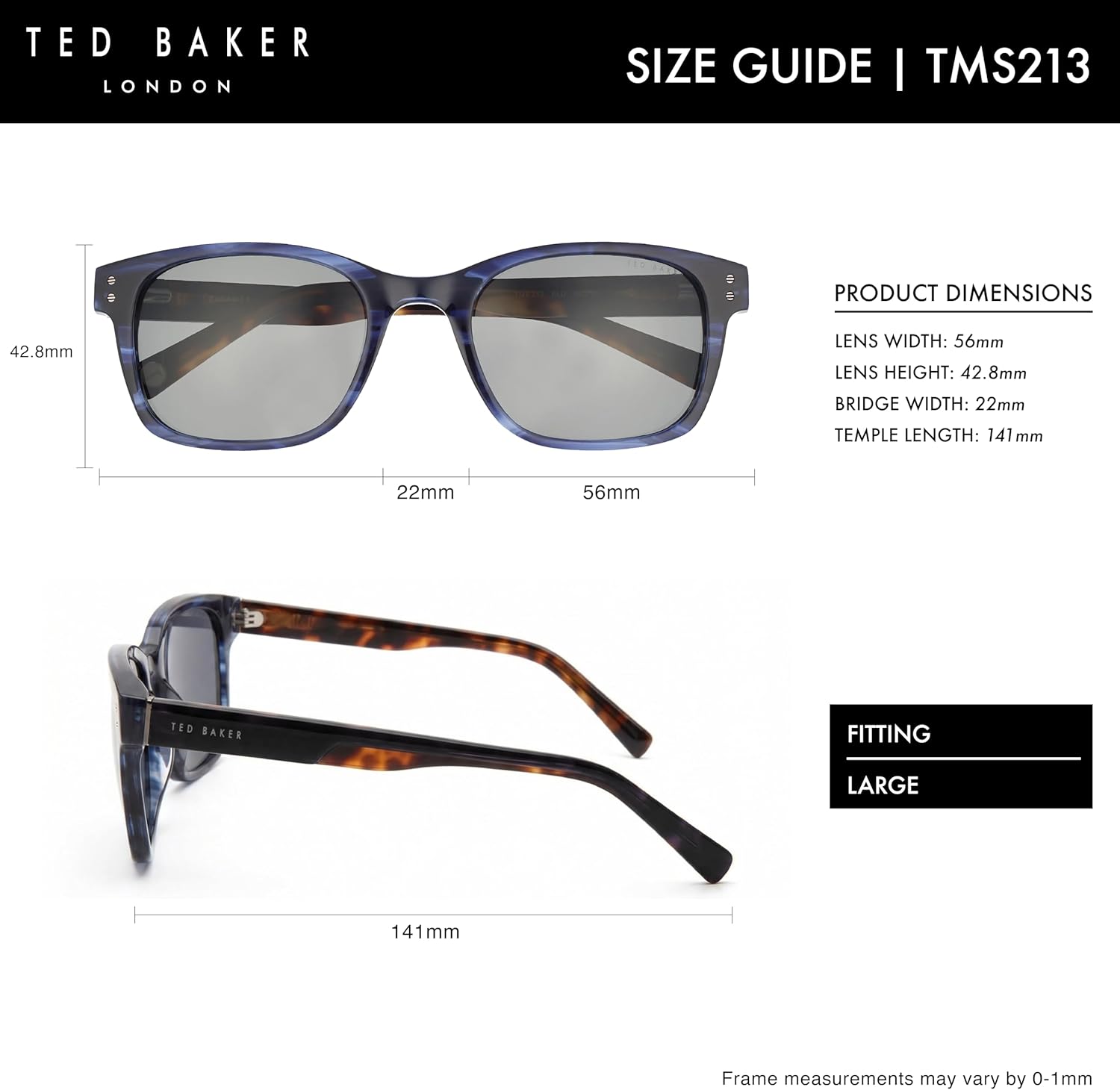 Ted Baker TMS213 Men's Polarized Rectangular Sunglasses, UV400 Protection, 56 mm