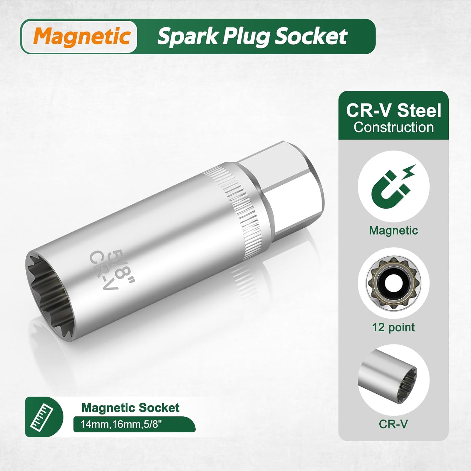 3/8" Drive Spark Plug Socket Set, 13Pcs SAE & Metric 5/8" x 12", 5/8" x 6", 13/16" x 6", 14mm, 16mm, 5/8", 12 Point, Swivel Magnetic Spark Plug Removal Tool for Cars and Motorcycles