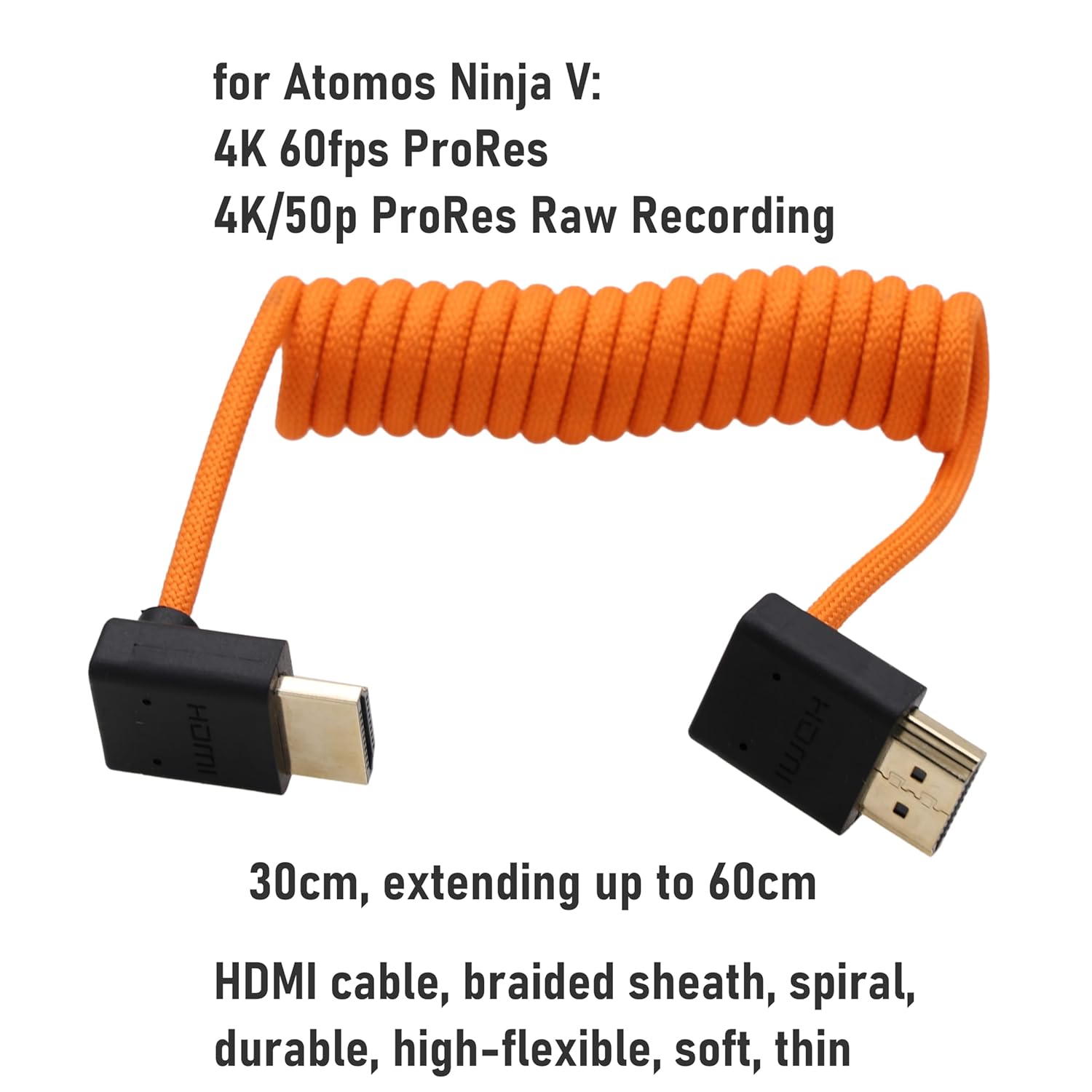 HDMI 8K 4K ProRes Cable for ATOMOS Ninja V Shinobi Monitor, Camera Sony FX3 A7Siii, Canon Lumix Nikon, BMPCC6K, FEELWORLD Portkeys SmallHD, Up Down Angled, Braided Coiled