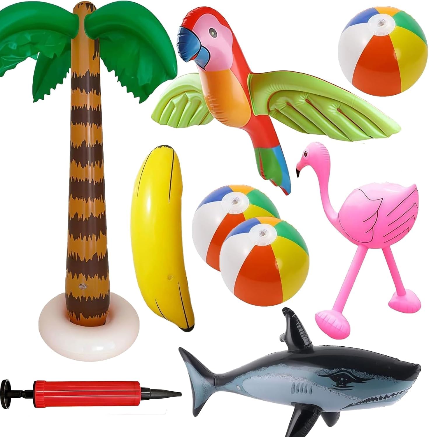 Hawaiian Party Decorations, 9-Piece Inflatable Set with Palm Tree, Flamingo and Beach Balls, Tropical Pool Party Decor for Beach Parties and Social Media Photos, Includes Hand Pump for Easy Setup