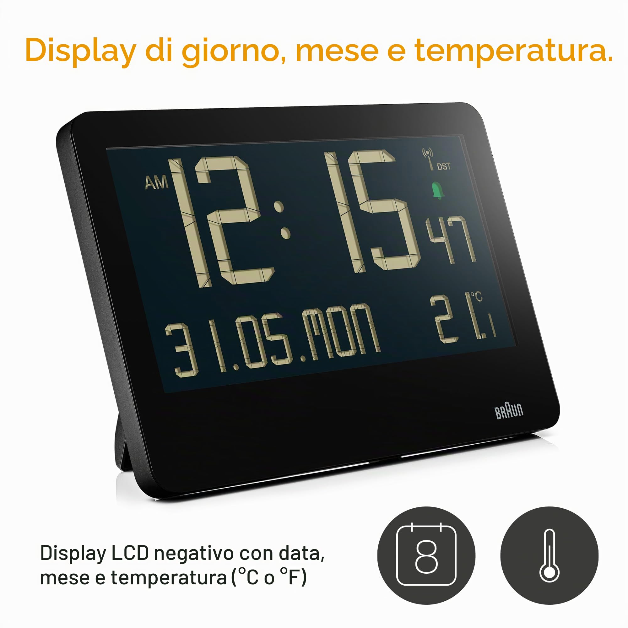 Braun Orologio da parete digitale temperatura interna, data, giorno della settimana, ampio display LCD inverso, impostazione rapida, allarme acustico in bianco, modello BC14B.