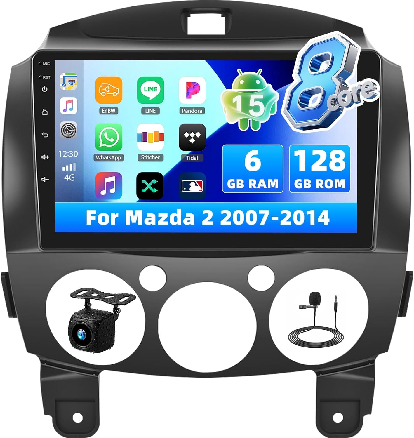 [8 Core 6G+128G] Android 15 Car Radio for Mazda 2 2007-2014,9" Touchscreen Mazda 2 Car Stereo Radio with Wireless CarPlay Andriod Auto,Bluetooth,GPS,WiFi,FM/RDS Radio,SWC EQ DSP+Backup Camera