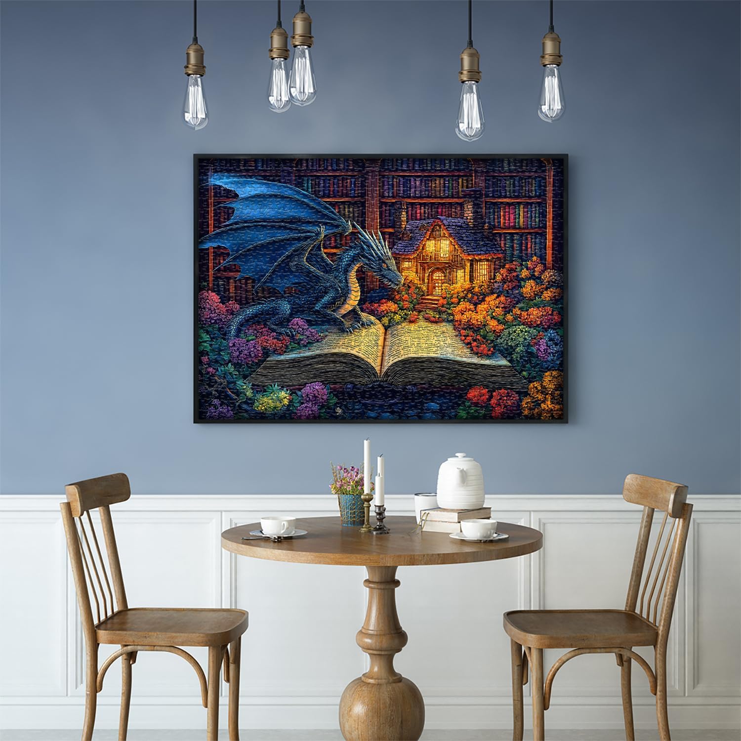 Dragon Puzzles for Adults 1000 Pieces, Magic Dinosaur Library Book Nature Garden Flower Themed, Fantasy Animal Wildflower Challenge Jigsaw Puzzle