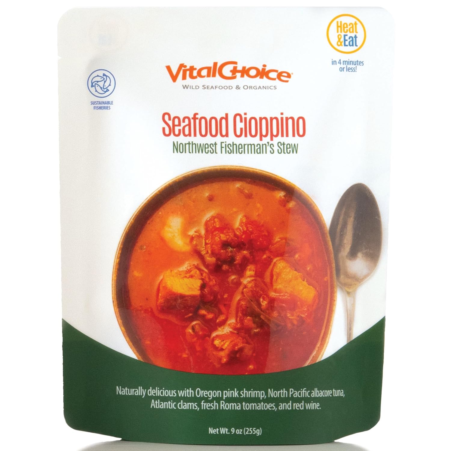 Vital Choice Savory Seafood Cioppino, Heat-And-Eat Food Pouches, Wild Caught Seafood, Sustainably Caught Shrimp, Albacore Tuna, Atlantic Clam, Roma Tomatoes, 9-Oz Pouches, 3 Pack