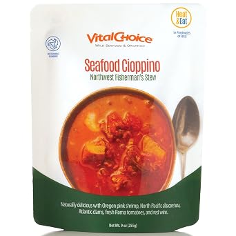 Vital Choice Savory Seafood Cioppino, Heat-And-Eat Food Pouches, Wild Caught Seafood, Sustainably Caught Shrimp, Albacore Tuna, Atlantic Clam, Roma Tomatoes, 9-Oz Pouches, 3 Pack