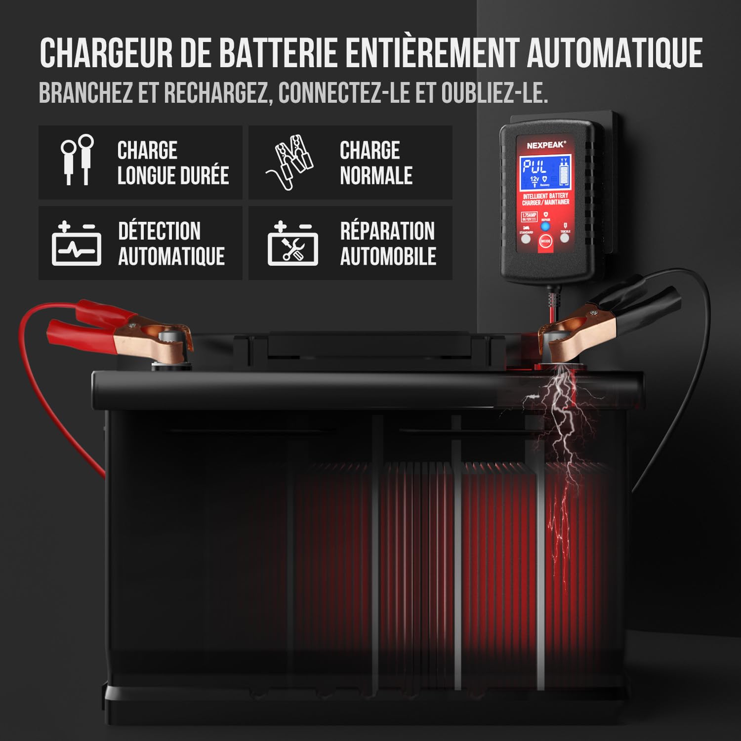 Chargeur de Batterie de Voiture 1,75 A, 6 V et 12 V, Chargeur de Batterie Intelligent entièrement Automatique, Chargeur d'entretien, désulfateur de Batterie pour Voiture, Tondeuse à Gazon, Moto