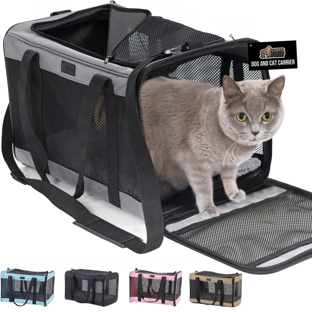 GORILLA GRIP Cat Carrier Travel Bag Up to 15 Lbs, Soft Collapsible Small Dog Carriers, Top and Side Entry Breathable Mesh, Gr