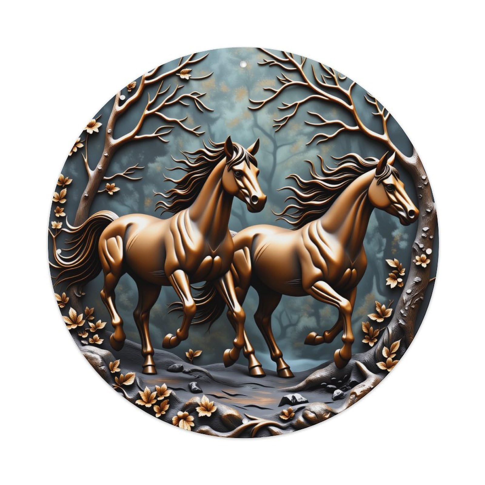 Bronze Horses Running Through Forest Vintage Metal Tin Sign Retro Wall Decor for Home Bar Garage Cafe, Indoor & Outdoor Decorative，circle Metal Poster, 8x8 Inch