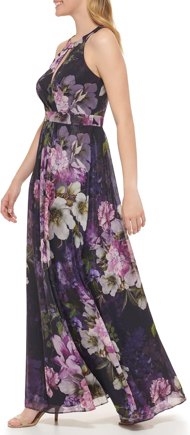 Jessica Howard Womens Petite Floral Lurex Chiffon Gown – Sleeveless Maxi Wedding Guest Dress - Image 3