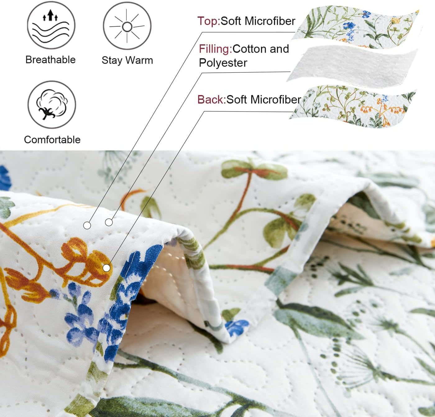 3-Piece Quilt Set King Size Floral Bedding Reversible Bedspread Coverlet Floral Leaves Bedding Summer Lightweight Yellow Green Flower Quilt Soft Microfiber Home Quilt Coverlet Set