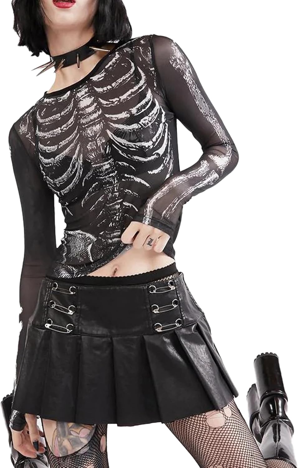 Women's Halloween Fitted Crop Tops Mesh Skeleton Print Tops Long Sleeve Mesh Going Out Tops