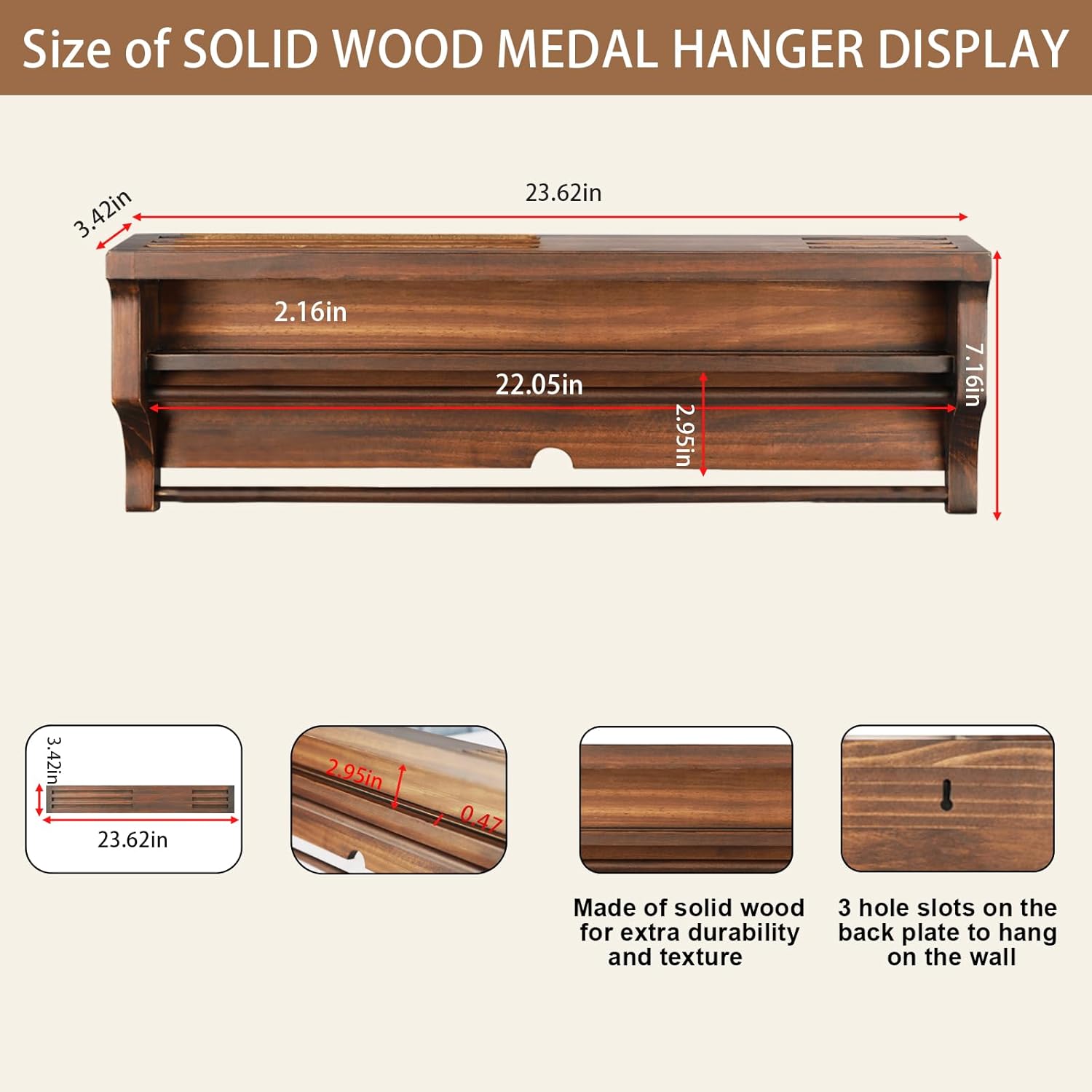 iheipye solid wood medal hanger display shelf medal holder, wall mount medal rack display holder for runners, marathon, race winner,soccer, football, gymnastics & all sports-walnut medal hanger - walnut
