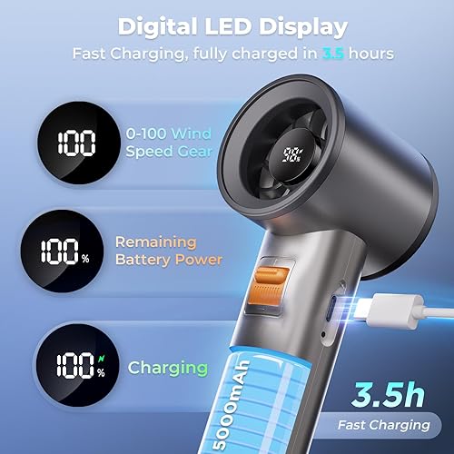 Miniatura 5 de Ventilador de mano portátil recargable para viajes, ventilador personal de mano de 5000 mAh para bolsillo, viento de enfriamiento de 20 horas, 100