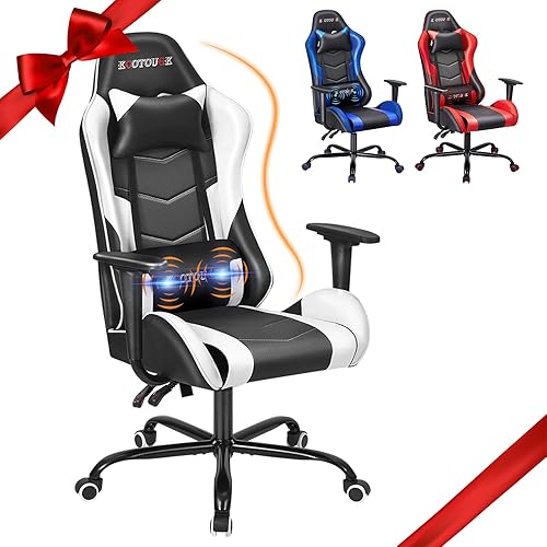 ECOTOUGE - Silla para juegos de PC con masaje, silla ergonómica de escritorio de oficina de carreras de cuero sintético reclinable con reposacabezas