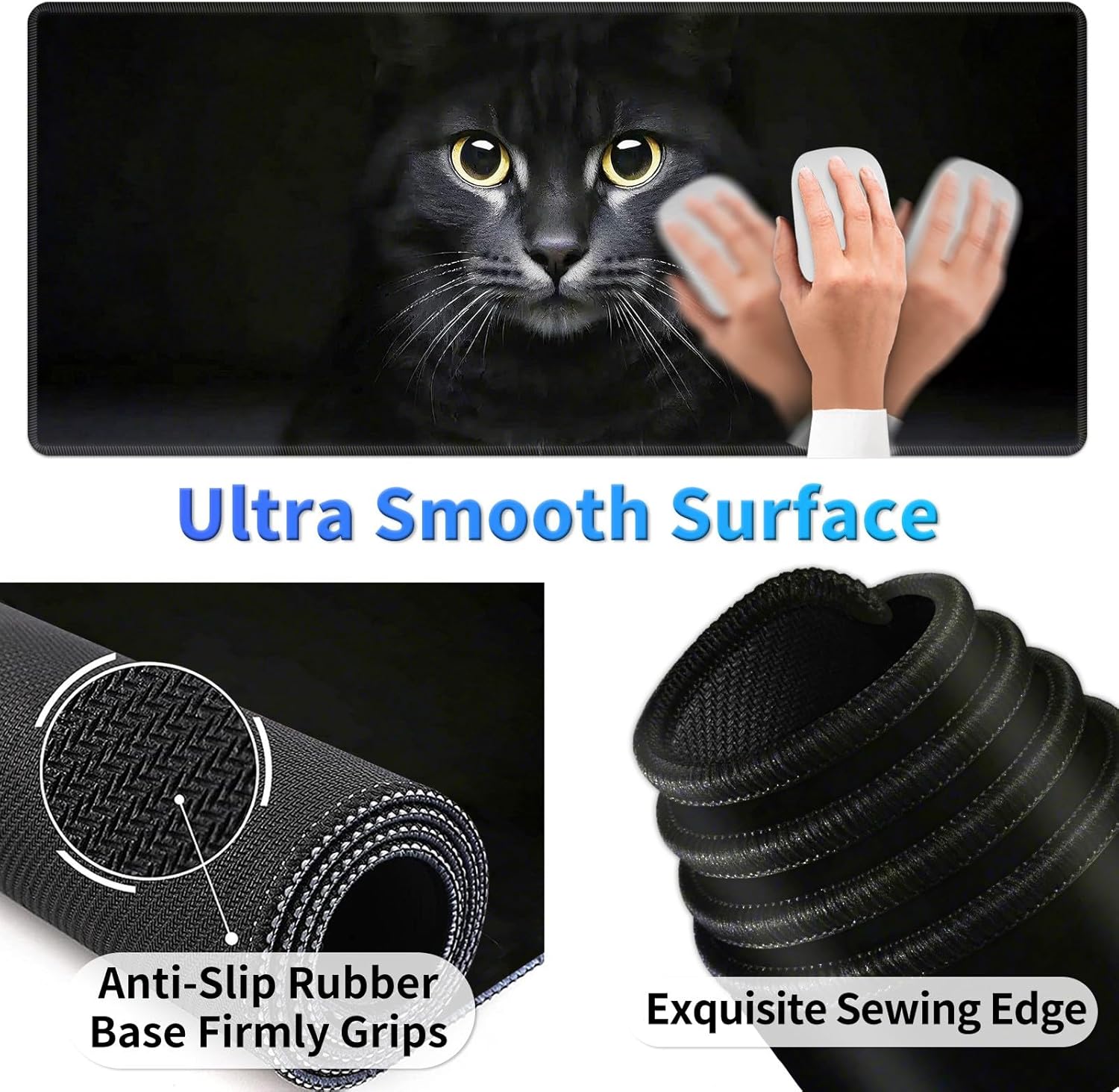 Large Gaming Mouse Pad 27.5 x 11.8 inch & Small Wrist Rests with Coasters and Black Cat Pattern Printed Design Ergonomic Mouse Pad with Wrist Rest Memory Foam for Easy Typing Pain Relief