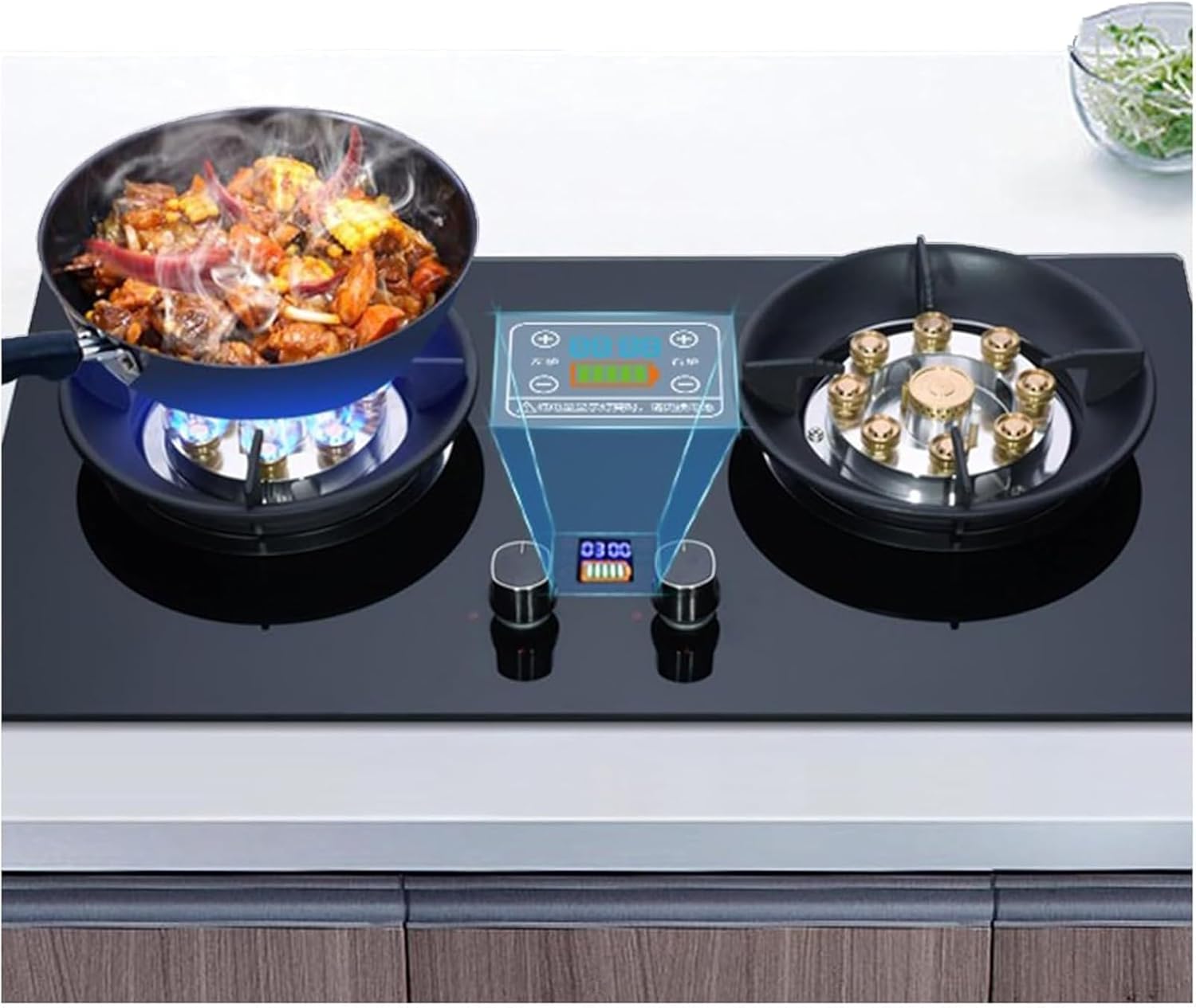 Gas Stove - Cooktop Double Burners, Tempered Glass Built-in Gas Hob, Timer (Two-Sided Independent), LPG/NG Dual Fuel Easy To Clean, for Kitchen, RV, Camping Cooker, 5.2KW(NG)
