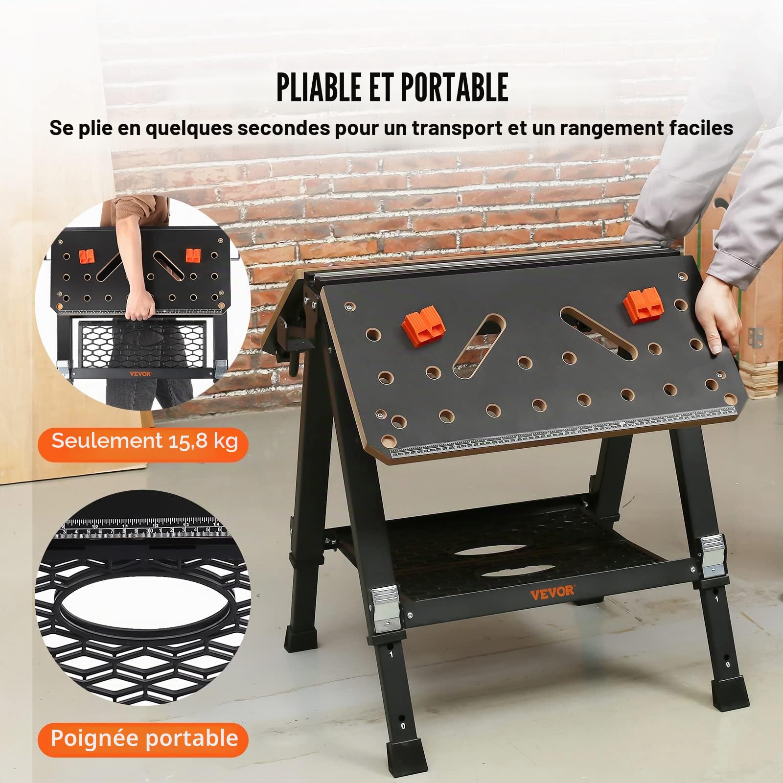 VEVOR Établi Pliant 2 en 1 Table de Travail Utilisable comme Chevalet Scie Charge 454 kg 7 Hauteurs Réglables Pieds Acier Support Outils Pince Rapide 4 Griffes Serrage 2 Crochets pour Garage Atelier