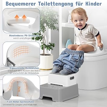 MAMIZO Children's Toilet Seat with Step Stool Children's Toilet Seat with 2 Levels Stool Toilet Seats Children with Stairs Toilet Seat for Children 1-8 Years Soft Cushion and Splash Guard Non-Slip