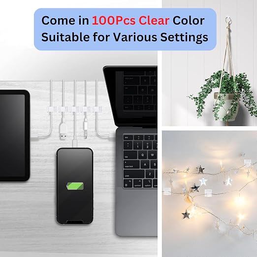 100 unidades de clips adhesivos para cables de 3/4 pulgada, transparentes, para luces navideñas al aire libre, organizador de cables bajo el escritorio, sujetacables para coche, pared, TV, PC y Ethernet miniatura 6