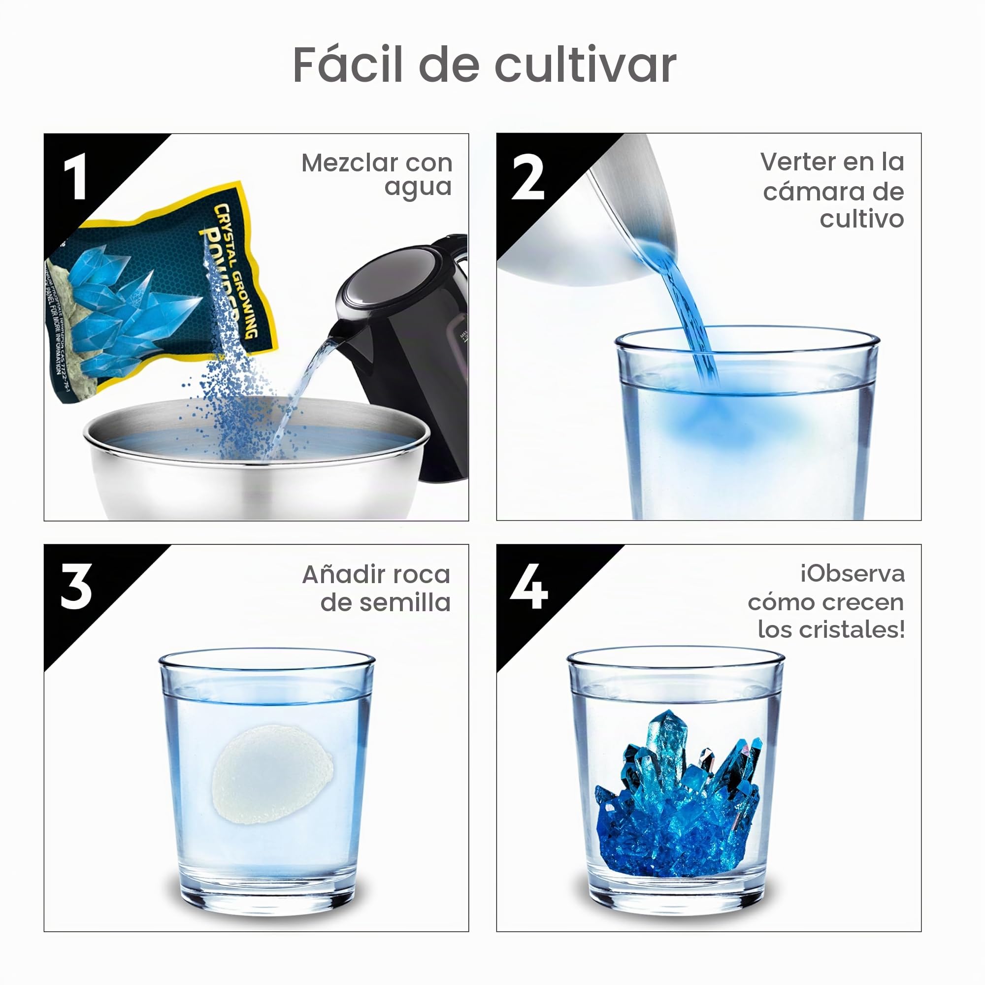 NATIONAL GEOGRAPHIC Mega Kit de Cultivo de Cristales - Cultive 6 Cristales Rápidamente (3–4 Días), con Exhibidor Iluminado, 4 Muestras de Cristal Genuino, Kit Científico Exclusivo de Amazon