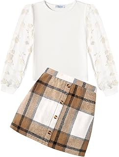 Arshiner Girls' Clothing Sets Elegant Long Sleeve Shirt with Skirt Set Children's Autumn Winter Outfit Checked Leisure Fashion Two Piece Clothing Sets for Girls 5-13 Years