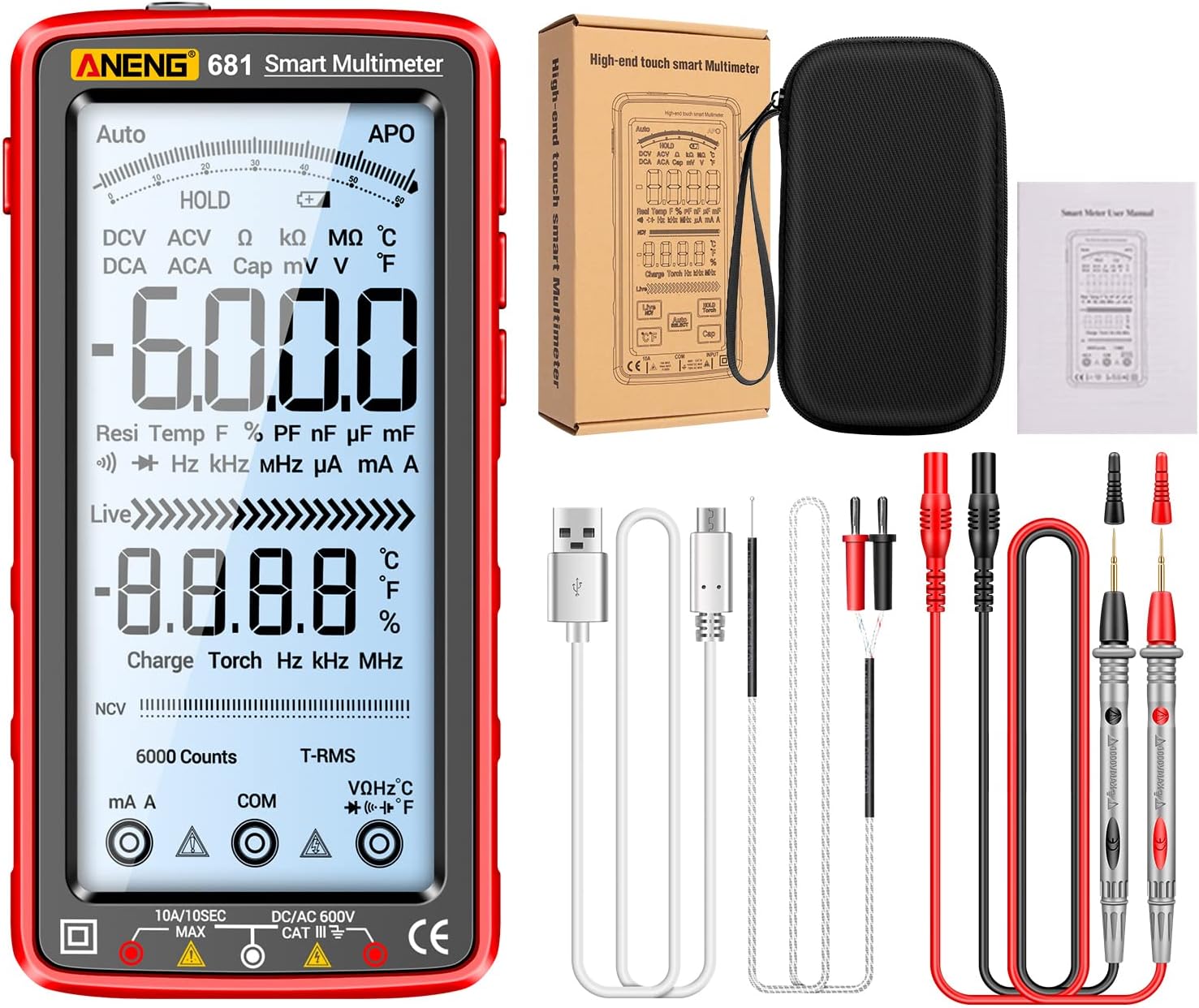 Morelian 681 6000 Counts Digital Multimeter Smart Anti-burn Rechargeable Universal Meter NCV Tester 5-inch Large LCD with Backlit Flashlight for Voltage t Capacitance Temperature