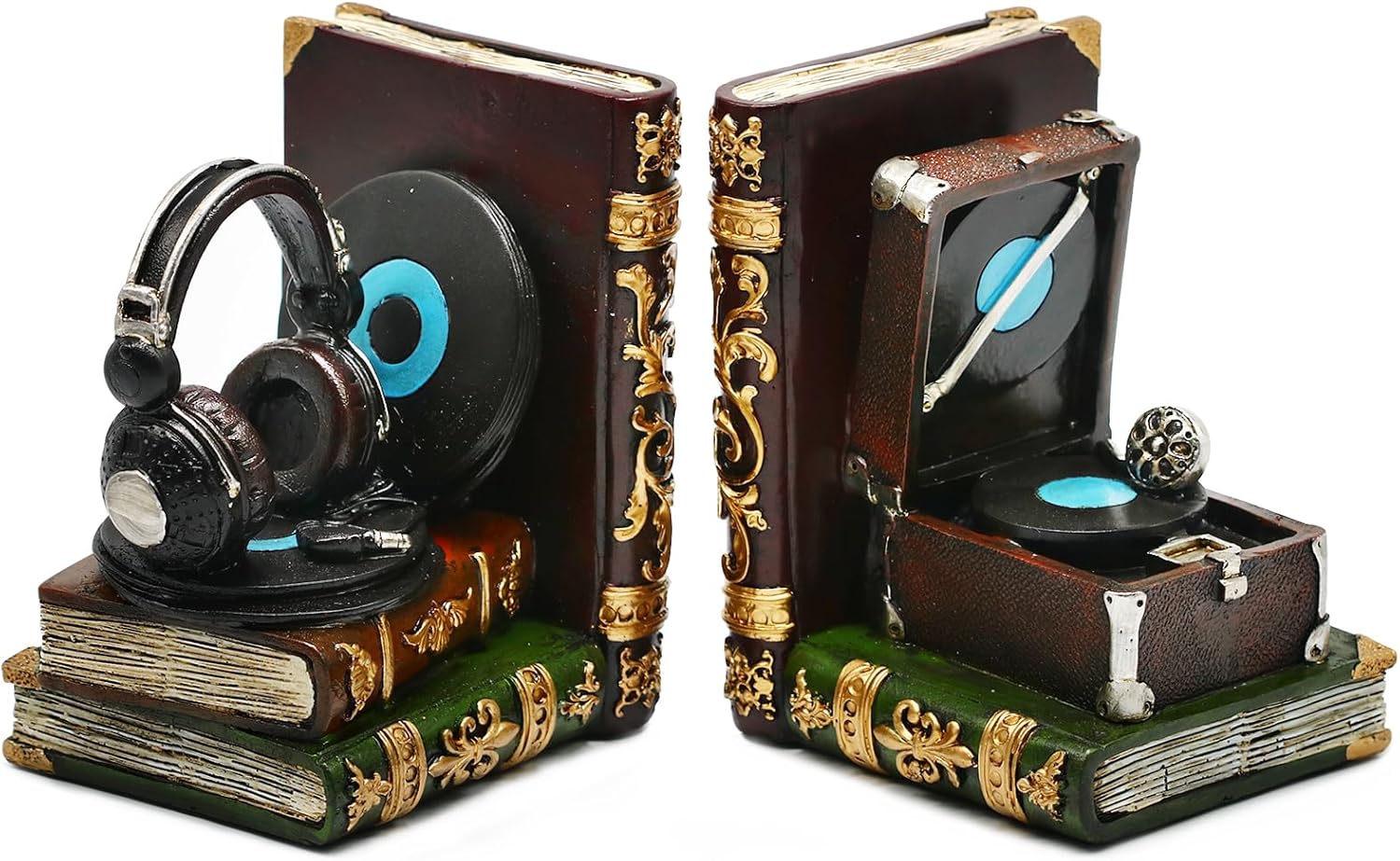 Vintage Bookends Decorative Headphone Record Player Book Ends Unique Music Lovers Book Stopper Heavy Duty Bookends for Desk,Shelves,Home Office Decor,Vintage Gifts