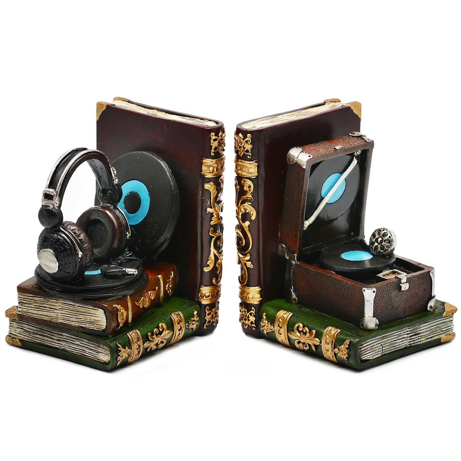 Vintage Bookends Decorative Headphone Record Player Book Ends Unique Music Lovers Book Stopper Heavy Duty Bookends for Desk,Shelves,Home Office Decor,