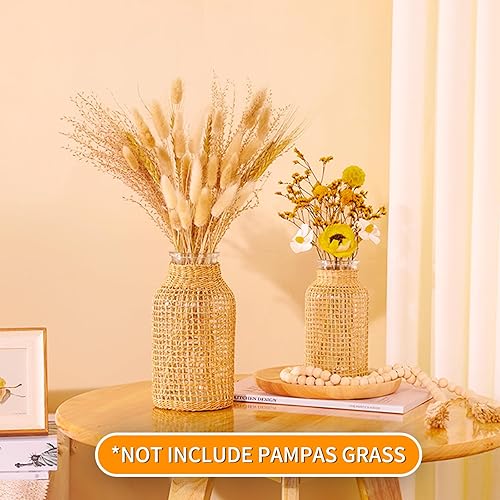 Miniatura 2 de ZENS Jarrón de cristal de granja, jarrón rústico tejido a mano para decoración del hogar con flores secas de pampas. Jarrones de vidrio decorativos