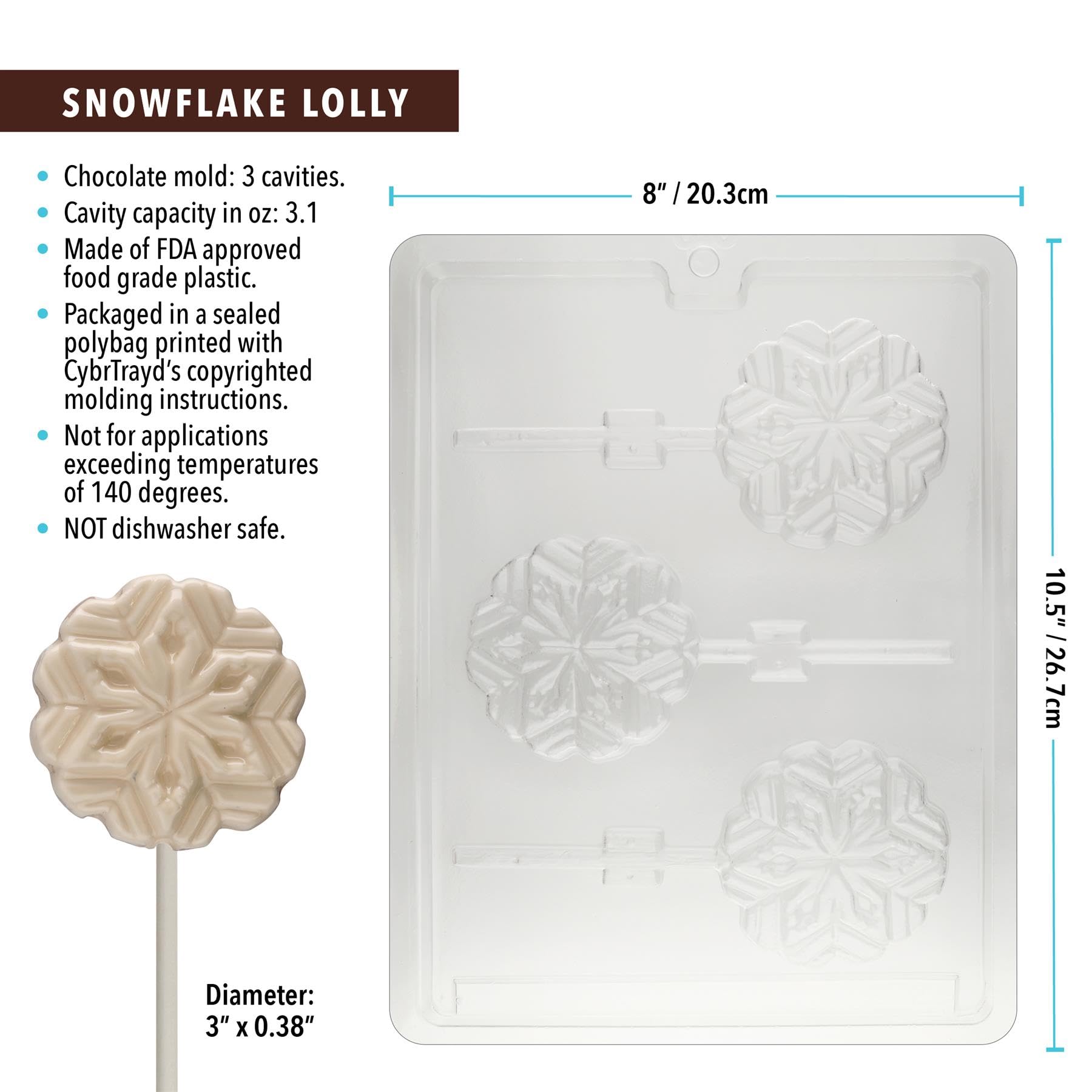Cybrtrayd Molde C023 con forma de copo de nieve con diseño de copos de nieve, con instrucciones exclusivas de moldeado de chocolate con derechos de autor (idioma español no garantizado).