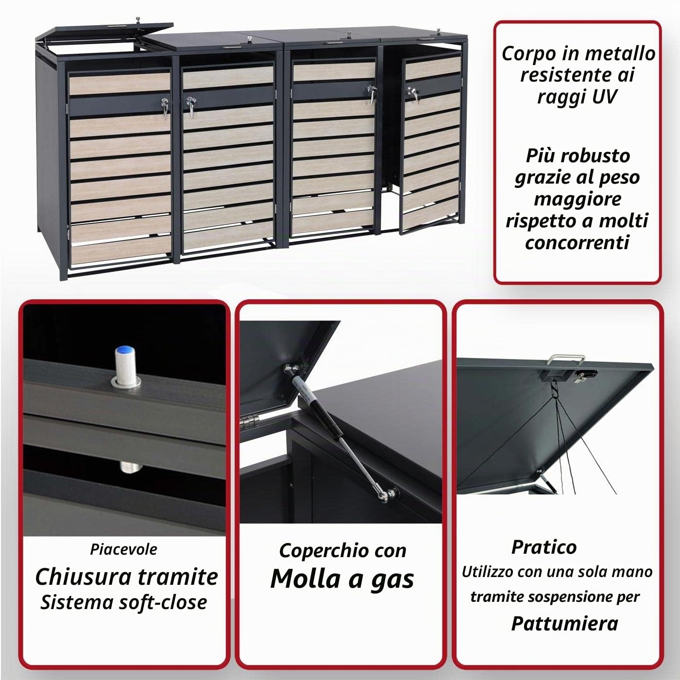 Set 4x copribidoni box spazzatura rifiuti HWC-J81 80x264x117cm - acciaio antracite faggio