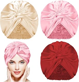 3 Pieces Silk Hair Wrap for Sleeping Women Bonnet Silk Sleeping Bonnet Elastic Hair Care Sleep Cap for Natural Curly Hair (Red, Pink, Champagne)