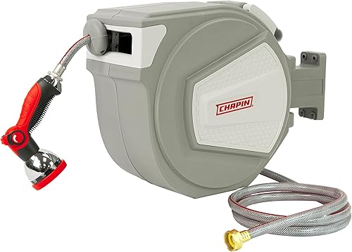 Chapin 5997 - Carrete de manguera de jardín, retráctil de 65 pies, funda resistente para montaje en pared, montaje en marco giratorio de 180,