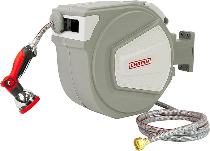 Chapin 5997: 65-feet Retractable Garden Hose Reel, Wall Mounted Heavy-Duty Case and 180° Swivel Frame Mount, Automatic Retract and Locking Hose, with 10 Position Metal Garden Hose Spray Nozzle