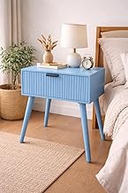 MDF Texture Drawer End Side Table with Solid Wood Legs, Bedside Table for Bedrooms, Mid-Century Modern Drawer Storage Cabinet for Living Room Furniture (Blue)